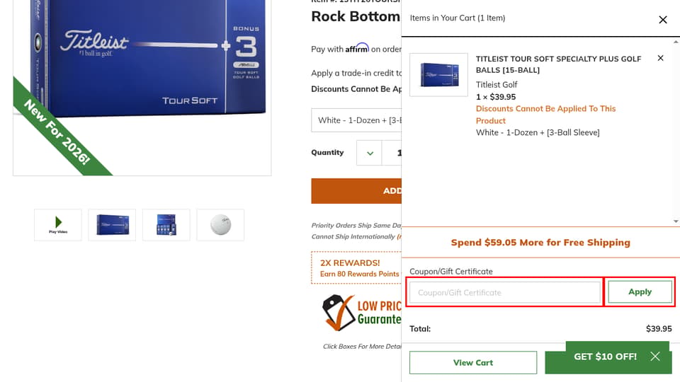 Rock Bottom Golf checkout page showing the Coupon/Gift Certificate field and Apply button