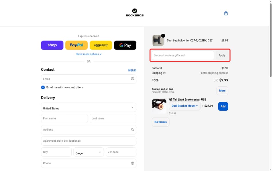 ROCKBROS checkout page showing the Discount code or gift card field and Apply button