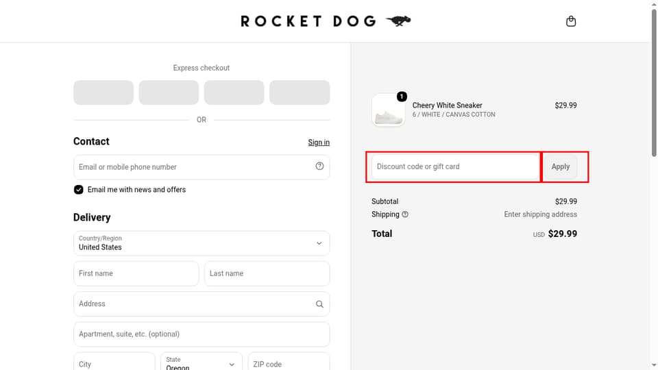 Rocket Dog checkout page showing the Discount code or gift card field and Apply button