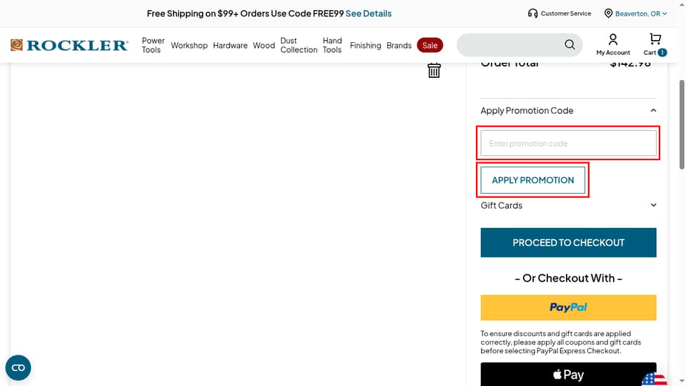 Rockler Woodworking and Hardware checkout page showing the Enter promotion code field and Apply Promotion button