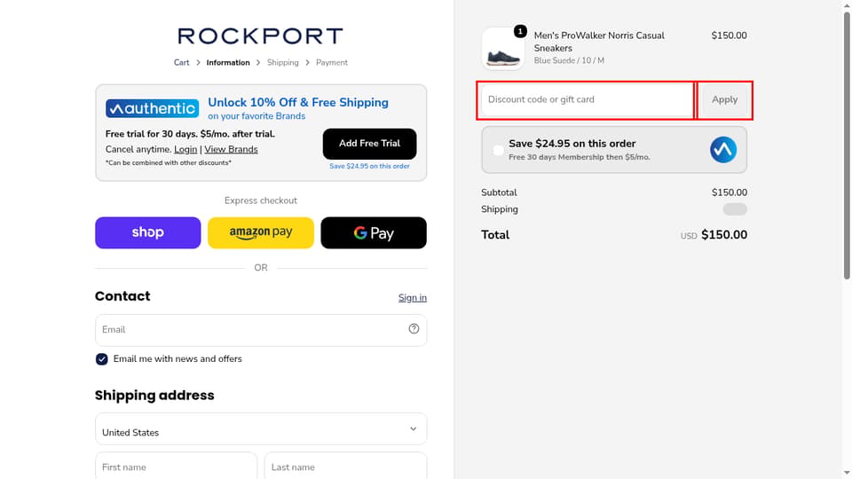 Rockport checkout page showing the Discount code or gift card field and Apply button