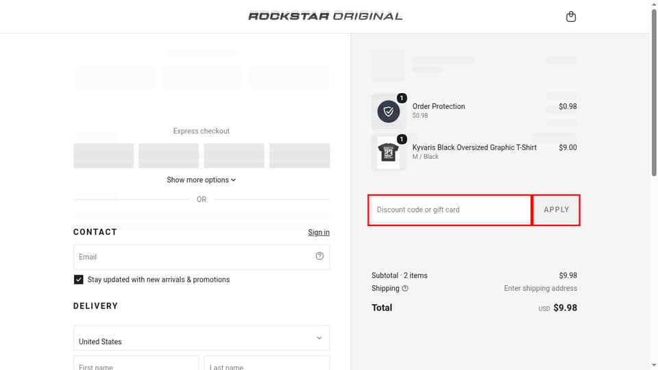 Rockstar Original checkout page showing the Discount code or gift card field and Apply button