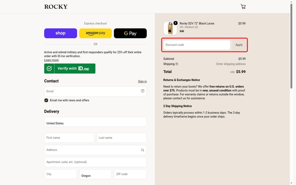 Rocky Boots checkout page showing the Discount code field and Apply button