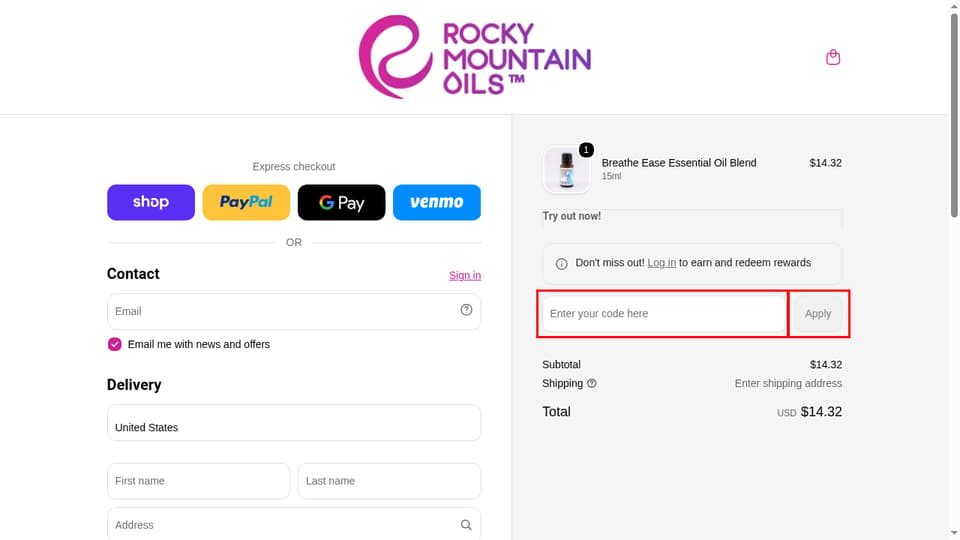 Rocky Mountain Oils checkout page showing the Enter your code here field and Apply button
