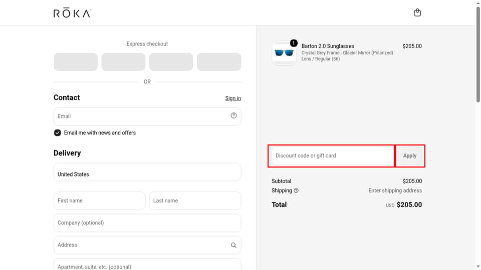 ROKA checkout page showing the Discount code or gift card field and Apply button