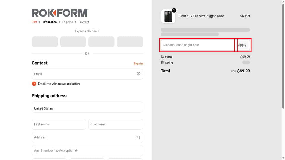 Rokform checkout page showing the Discount code or gift card field and Apply button