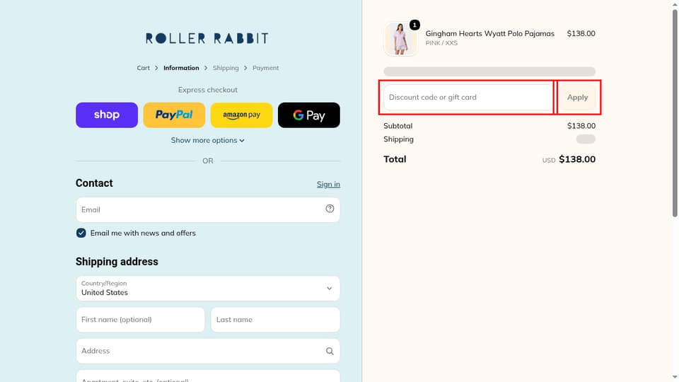 Roller Rabbit checkout page showing the Discount code or gift card field and Apply button