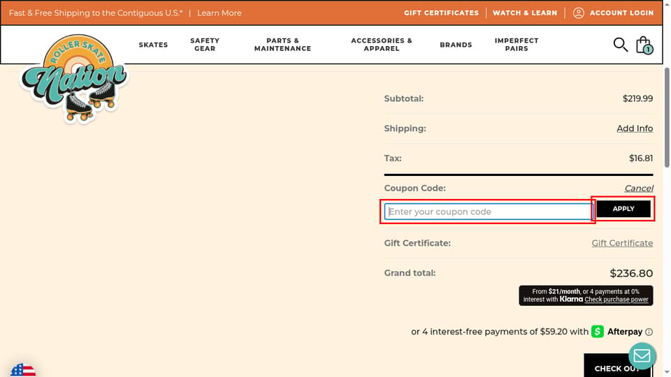 Roller Skate Nation checkout page showing the Enter your coupon code field and Apply button