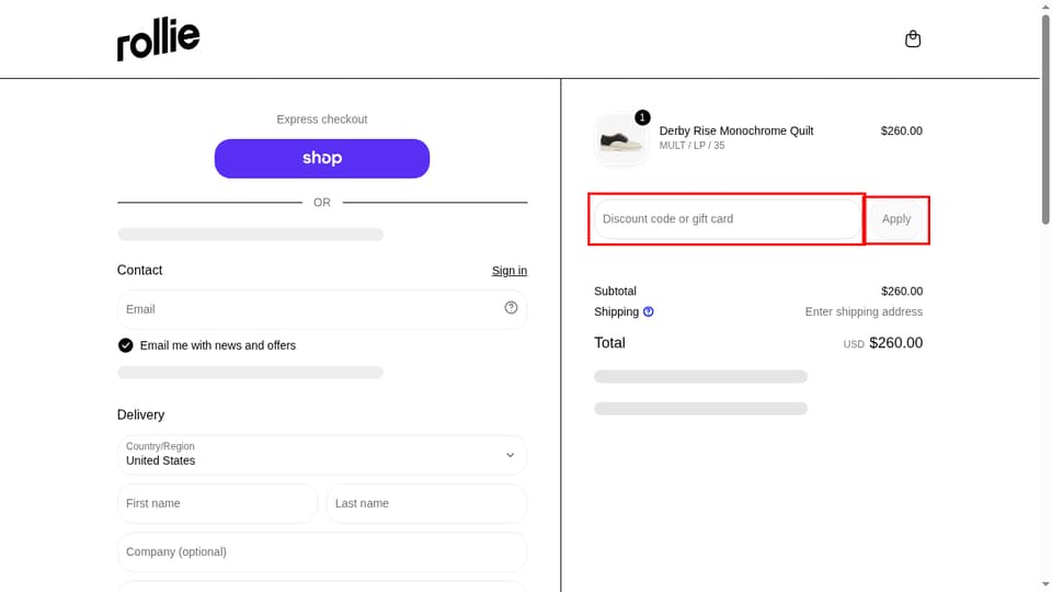Rollie Nation checkout page showing the Discount code or gift card field and Apply button