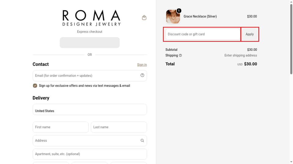 Roma Designer Jewelry checkout page showing the Discount code or gift card field and Apply button