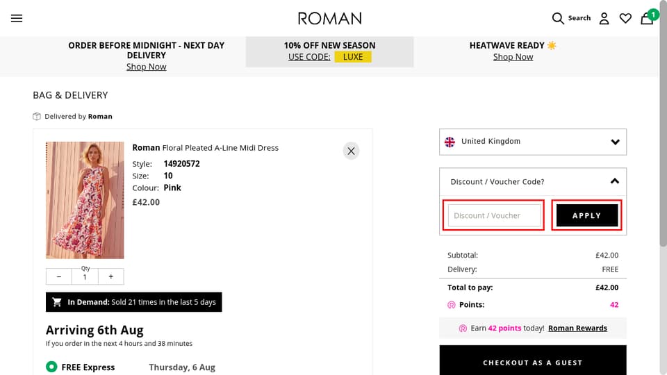 Roman checkout page showing the Discount / Voucher field and Apply button