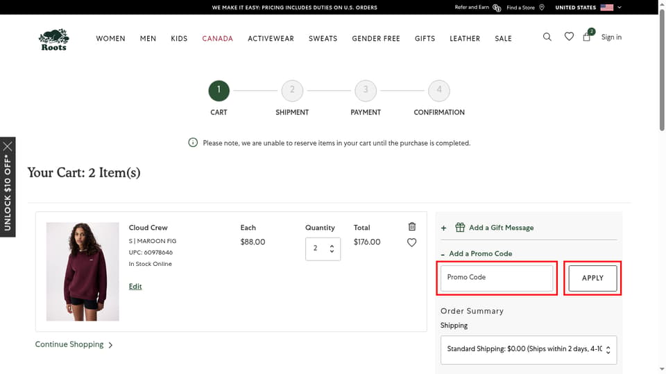 Roots checkout page showing the Promo Code field and Apply button