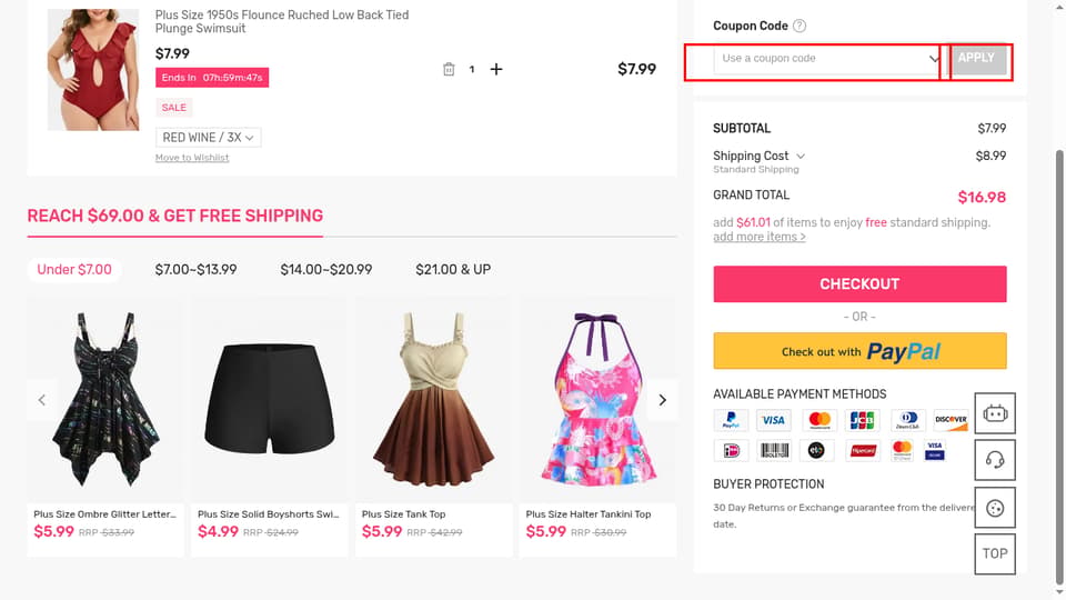 Rosegal checkout page showing the Use a coupon code field and APPLY button