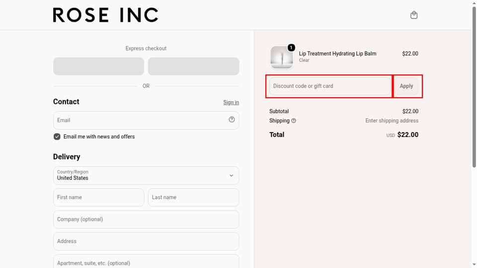 Rose Inc checkout page showing the Discount code or gift card field and Apply button