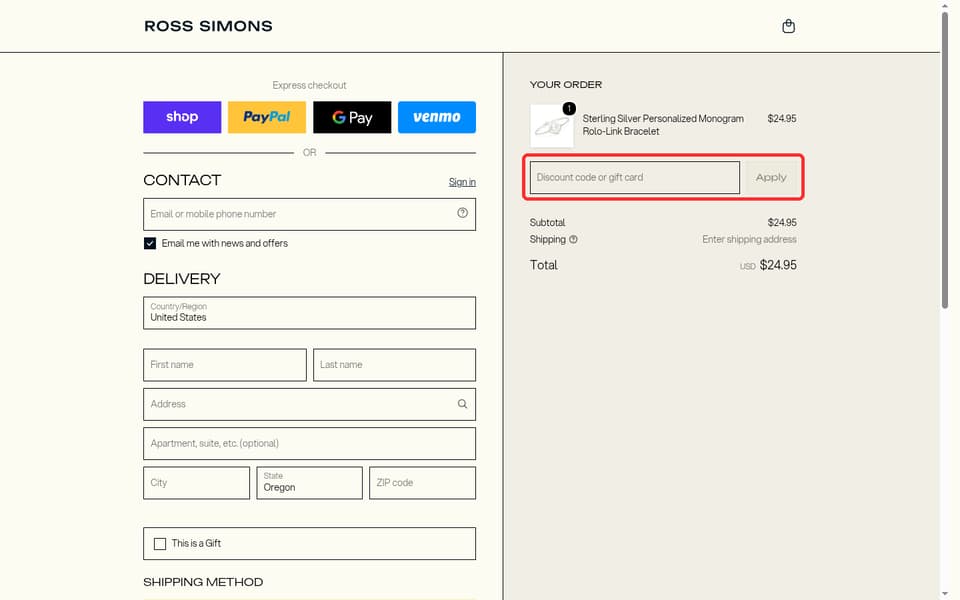 Ross-Simons checkout page showing the Discount code or gift card field and Apply button
