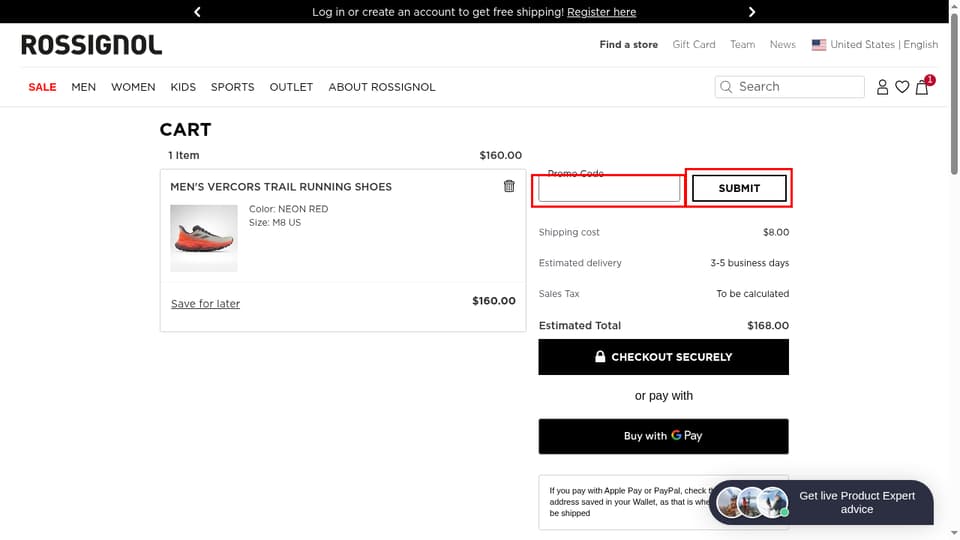 Rossignol checkout page showing the Promo Code field and SUBMIT button