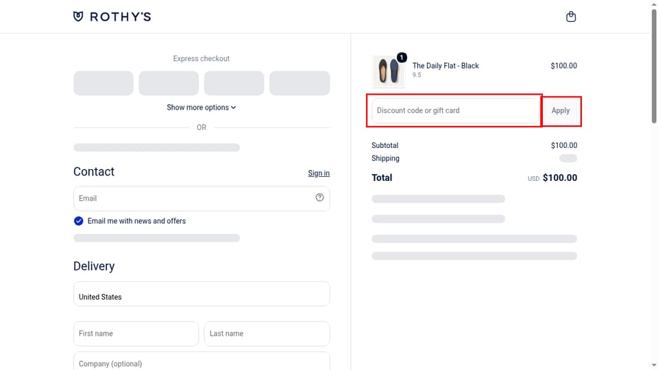 Rothy's checkout page showing the Discount code or gift card field and Apply button