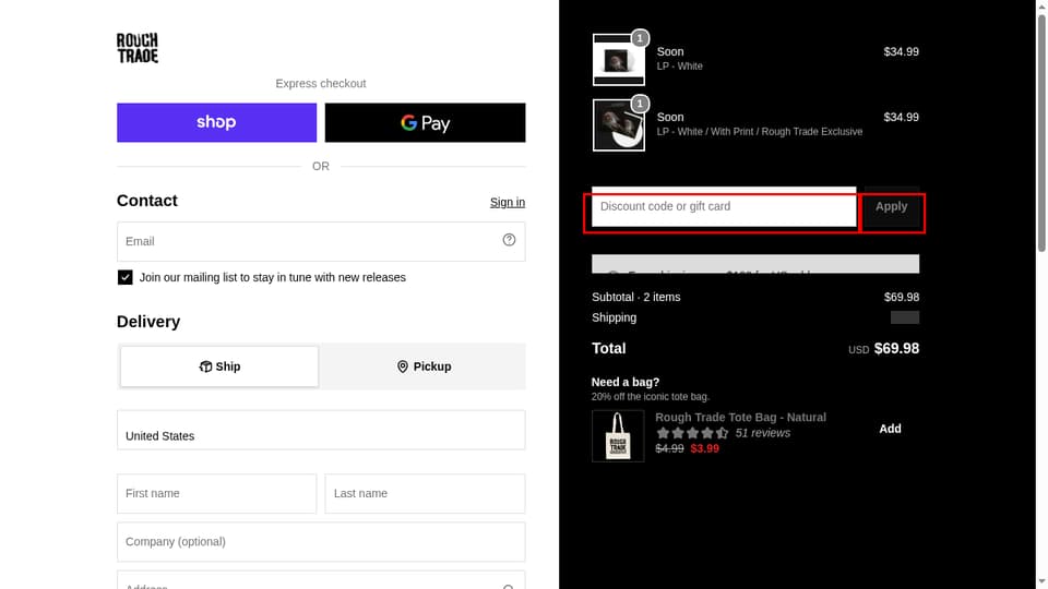 Rough Trade checkout page showing the Discount code or gift card field and Apply button