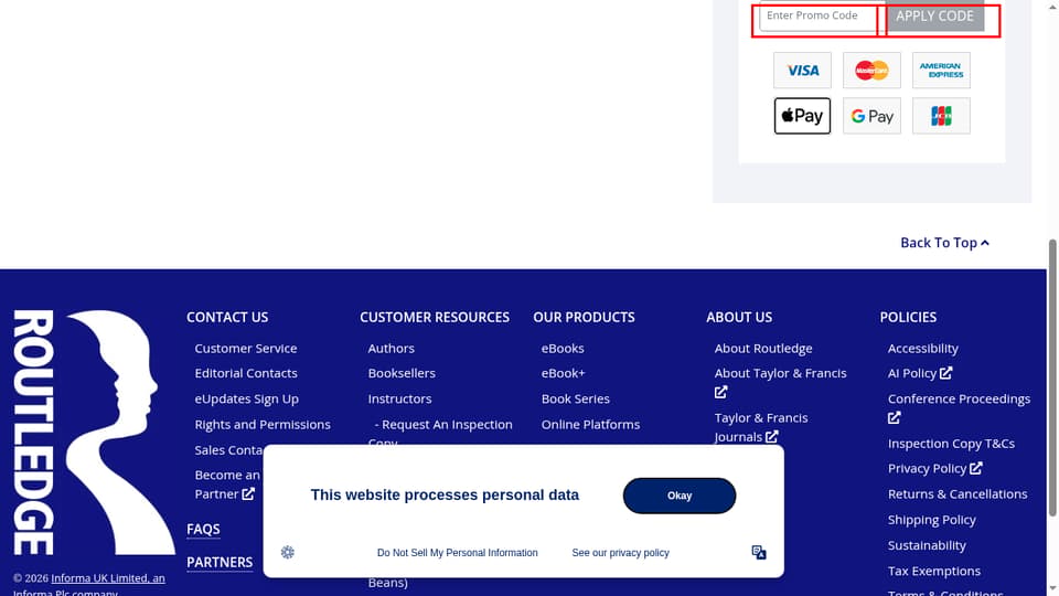 Routledge checkout page showing the Enter Promo Code field and Apply Code button