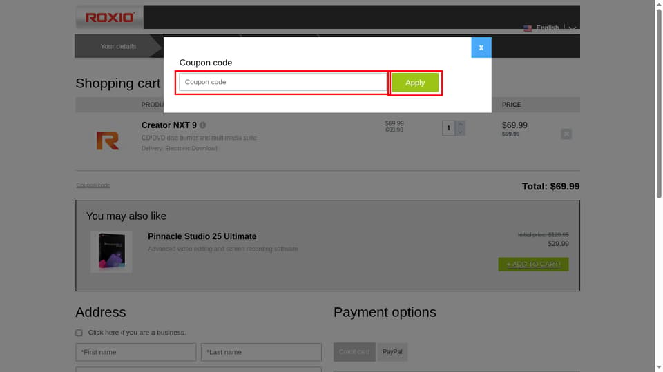 Roxio checkout page showing the Coupon code field and Apply button