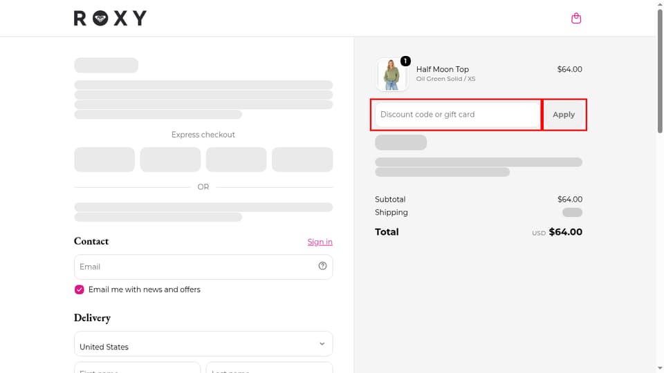 ROXY checkout page showing the Discount code or gift card field and Apply button