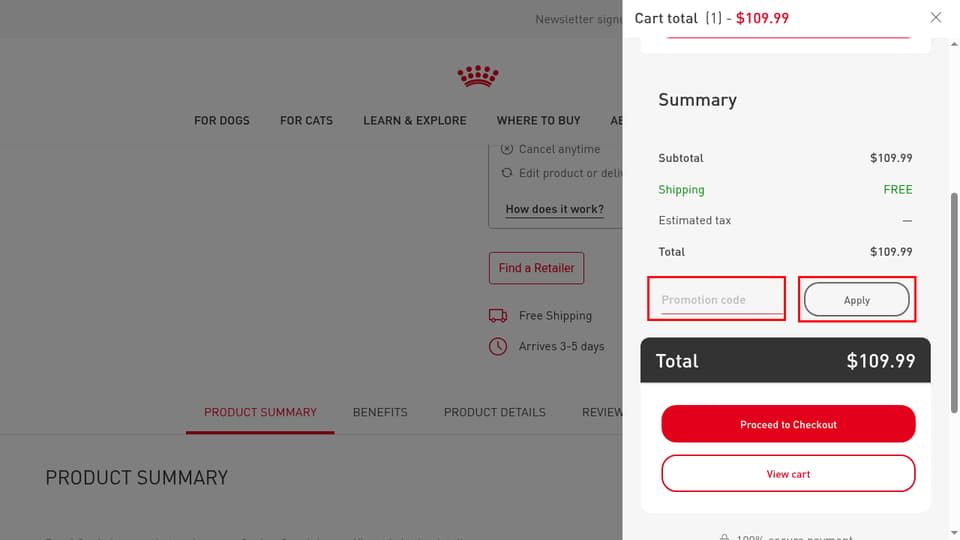 Royal Canin checkout page showing the Promotion code field and Apply button