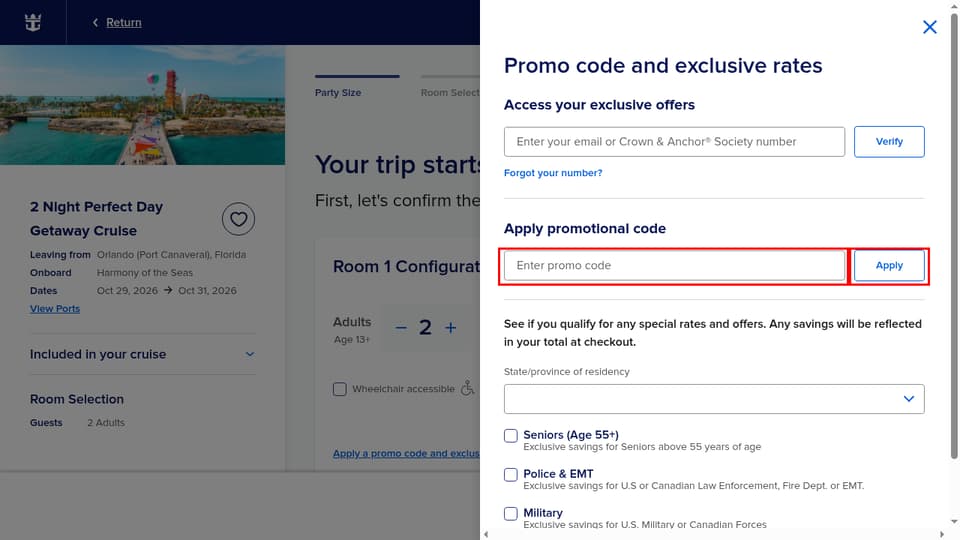 Royal Caribbean International checkout page showing the Enter promo code field and Apply button