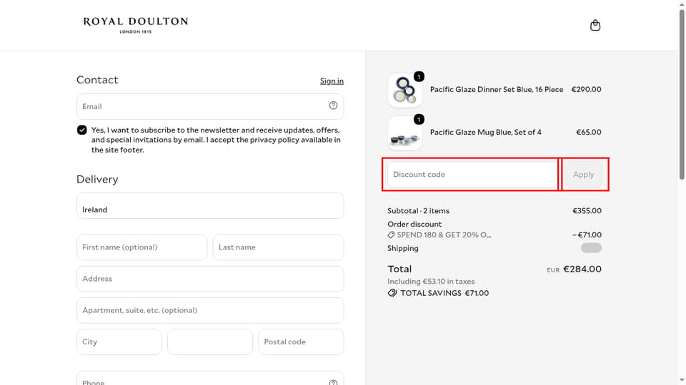 Royal Doulton checkout page showing the Discount code field and Apply button