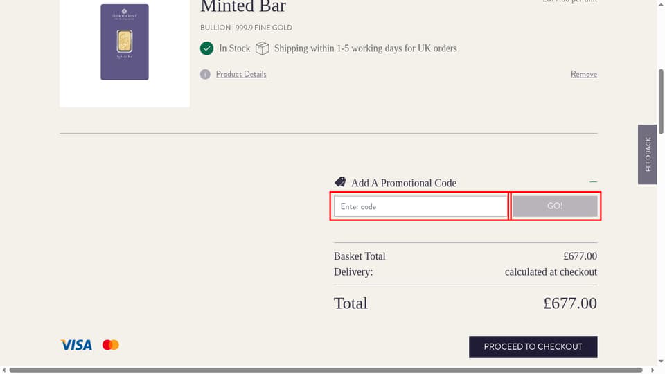 The Royal Mint checkout page showing the Enter code field and GO! button
