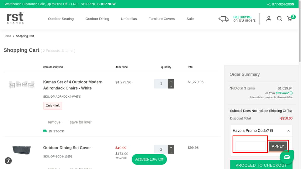 RST Brands checkout page showing the promo code field and Apply button