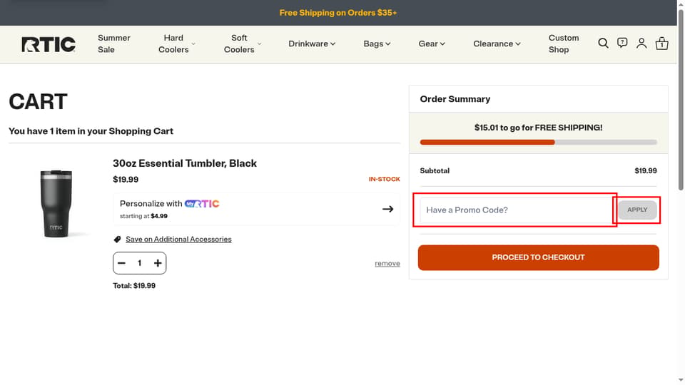 RTIC Outdoors checkout page showing the Have a Promo Code? field and Apply button
