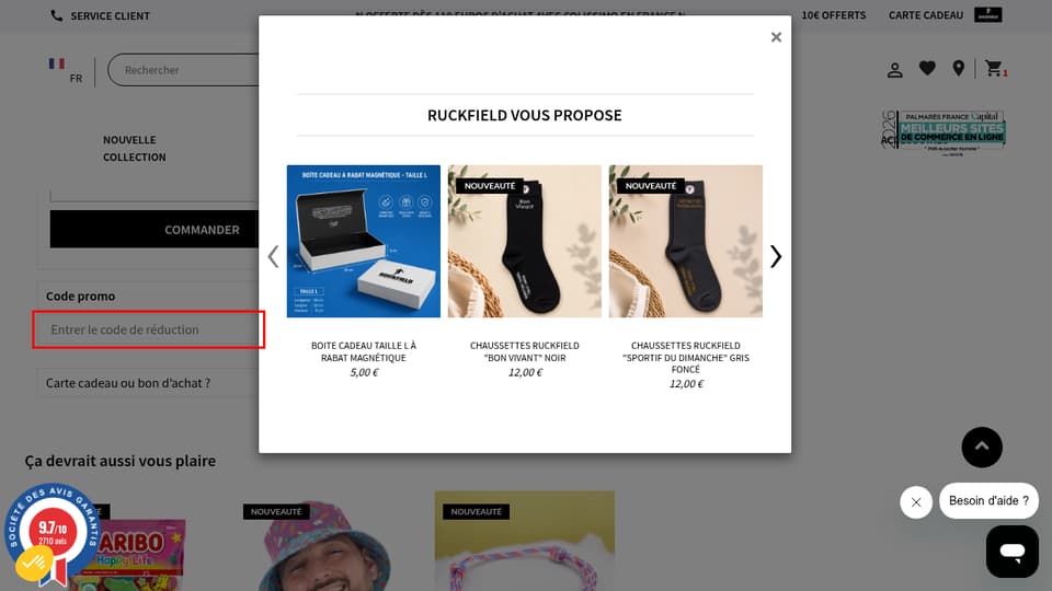Ruckfield checkout page showing the Entrer le code de réduction field and OK button