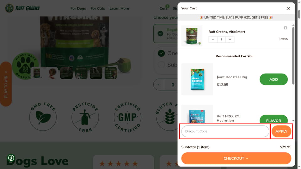 Ruff Greens checkout page showing the Discount Code field and APPLY button