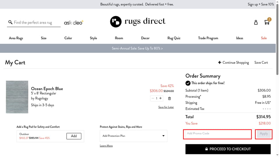 Rugs Direct checkout page showing the Add Promo Code field and Apply button