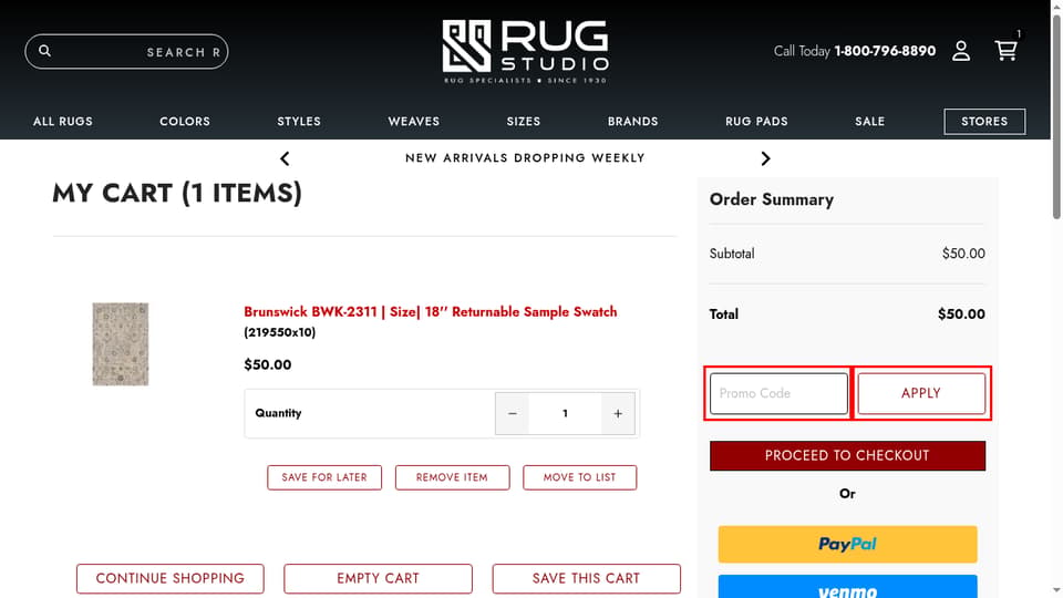 RugStudio checkout page showing the Promo Code field and Apply button
