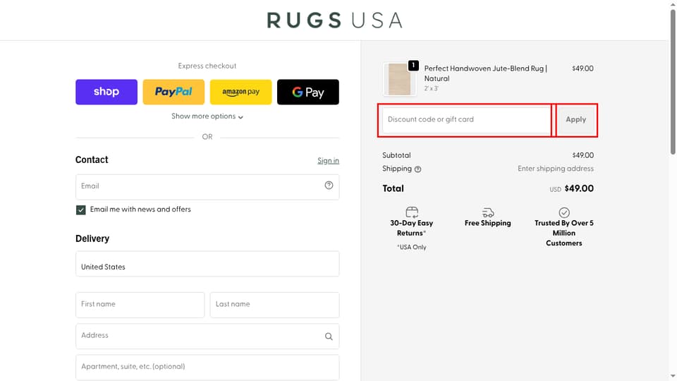 Rugs USA checkout page showing the Discount code or gift card field and Apply button