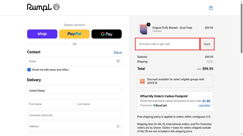 Rumpl checkout page showing the Discount code or gift card field and Apply button
