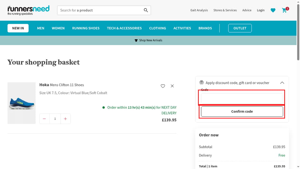 Runners Need checkout page showing the Code field and Confirm code button