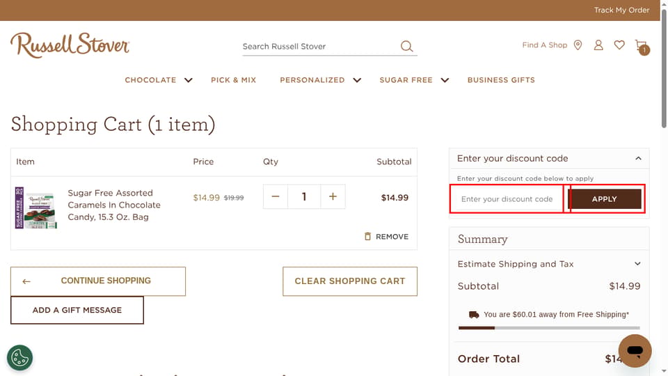 Russell Stover Chocolates checkout page showing the Enter your discount code field and Apply button