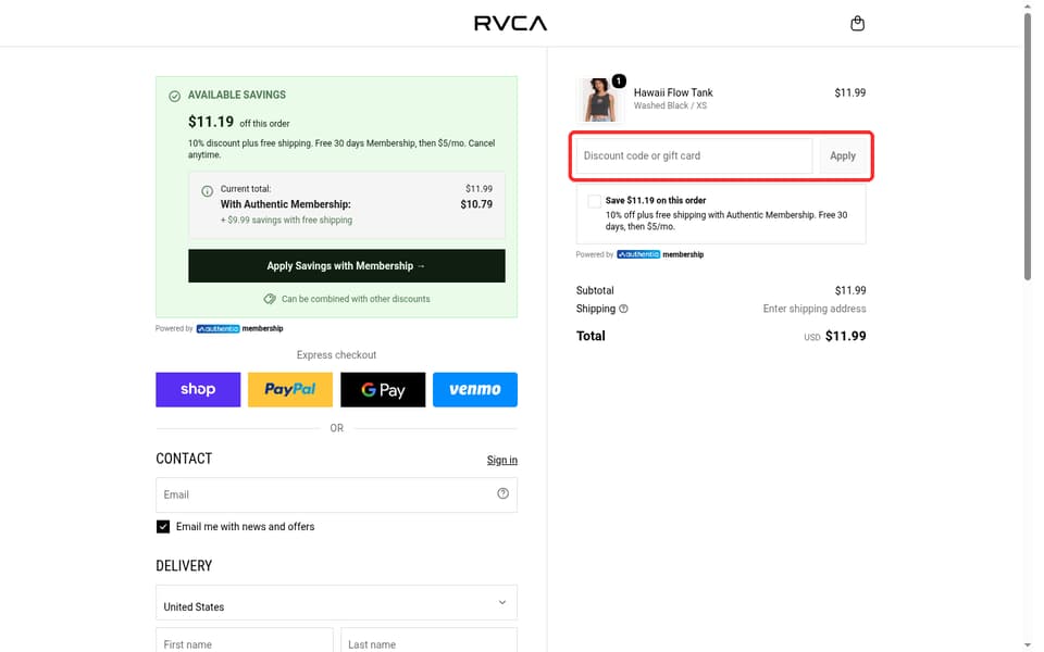 RVCA checkout page showing the Discount code or gift card field and Apply button