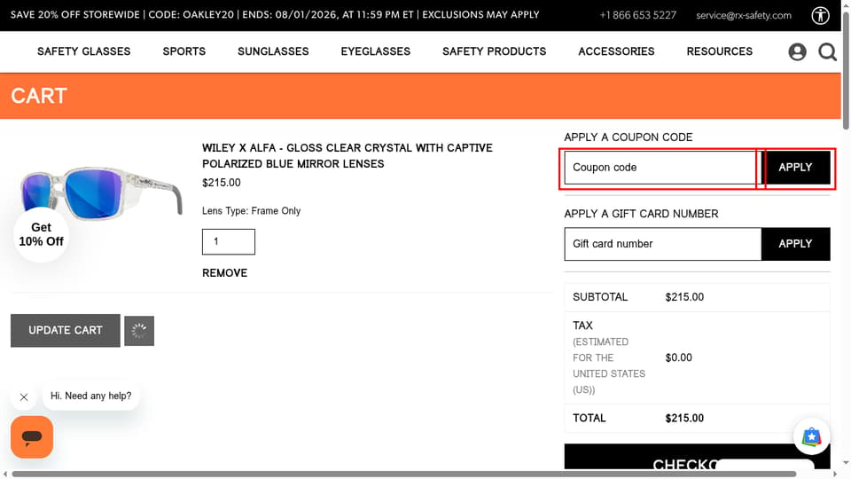 RX Safety checkout page showing the Coupon code field and APPLY button