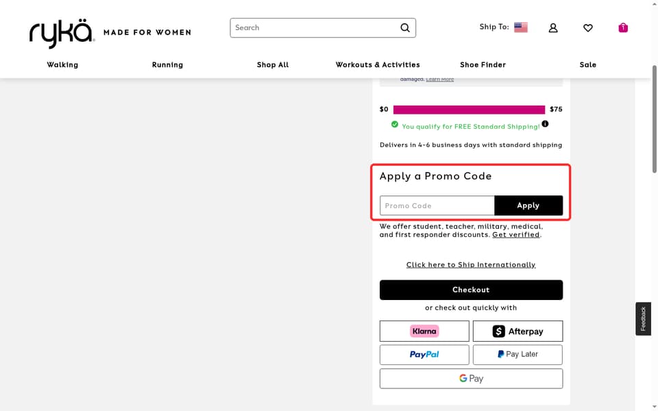 Rykä checkout page showing the Promo Code field and Apply button