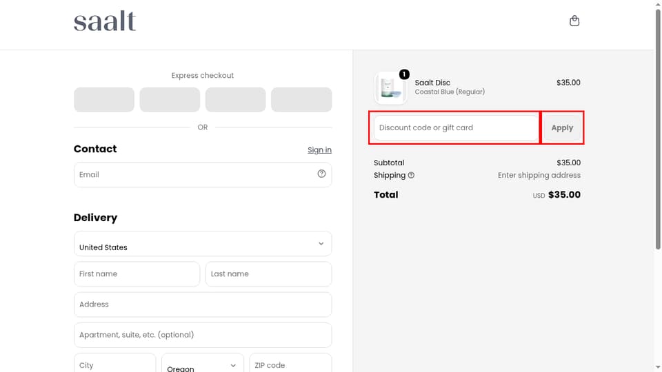 Saalt checkout page showing the Discount code or gift card field and Apply button