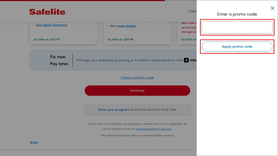 Safelite AutoGlass checkout page showing the Enter a promo code field and Apply promo code button