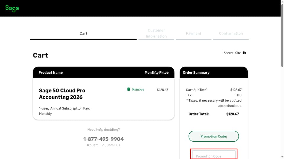 Sage checkout page showing the Promotion Code field and Apply button