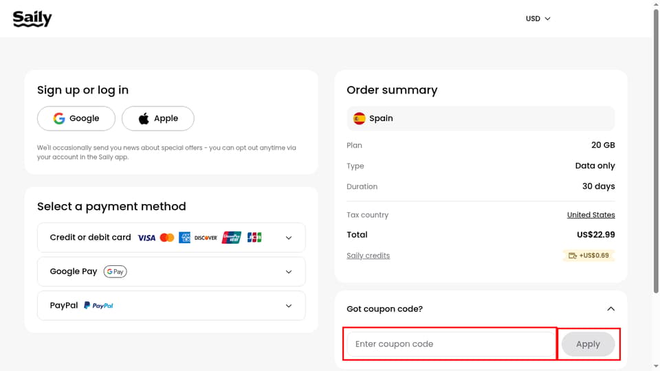 Saily eSIM checkout page showing the Enter coupon code field and Apply button