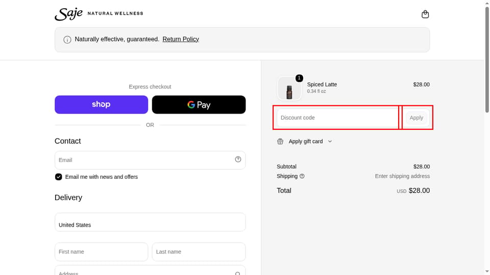 Saje Natural Wellness checkout page showing the Discount code field and Apply button
