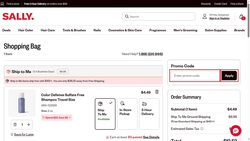 Sally Beauty checkout page showing the Enter promo code field and Apply button