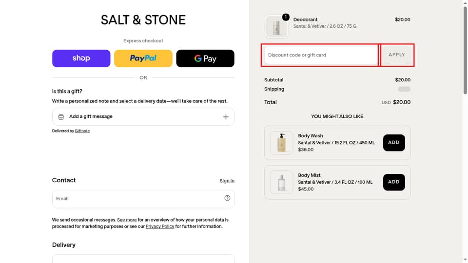SALT & STONE checkout page showing the Discount code or gift card field and Apply button