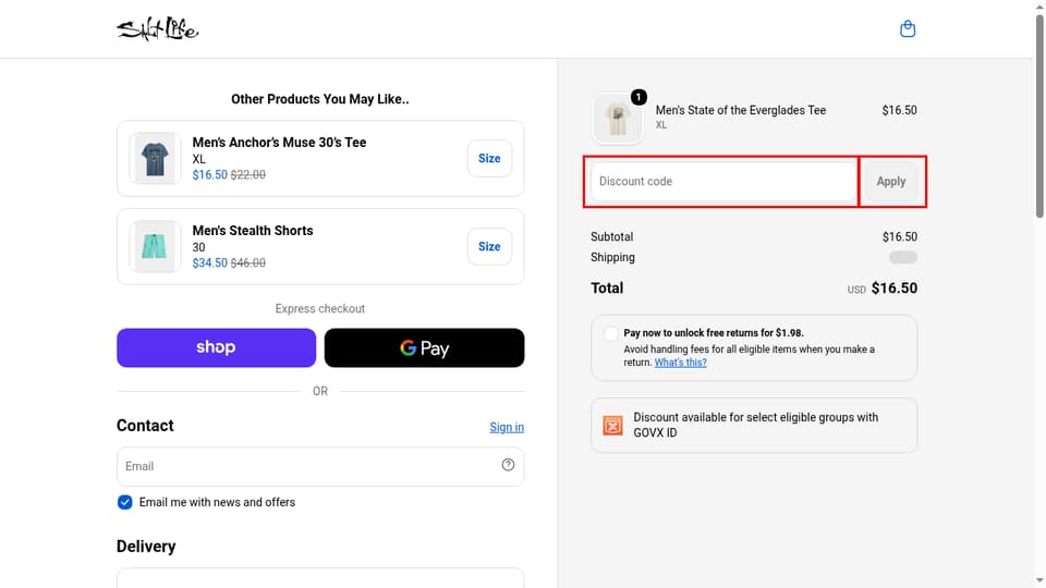 Salt Life checkout page showing the Discount code field and Apply button